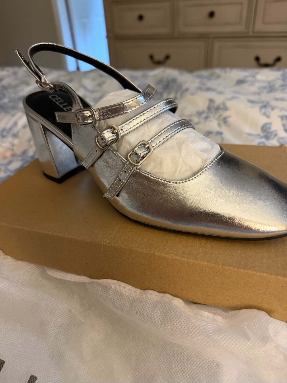 Silver Metallic Slingback Mary Jane Block Heel